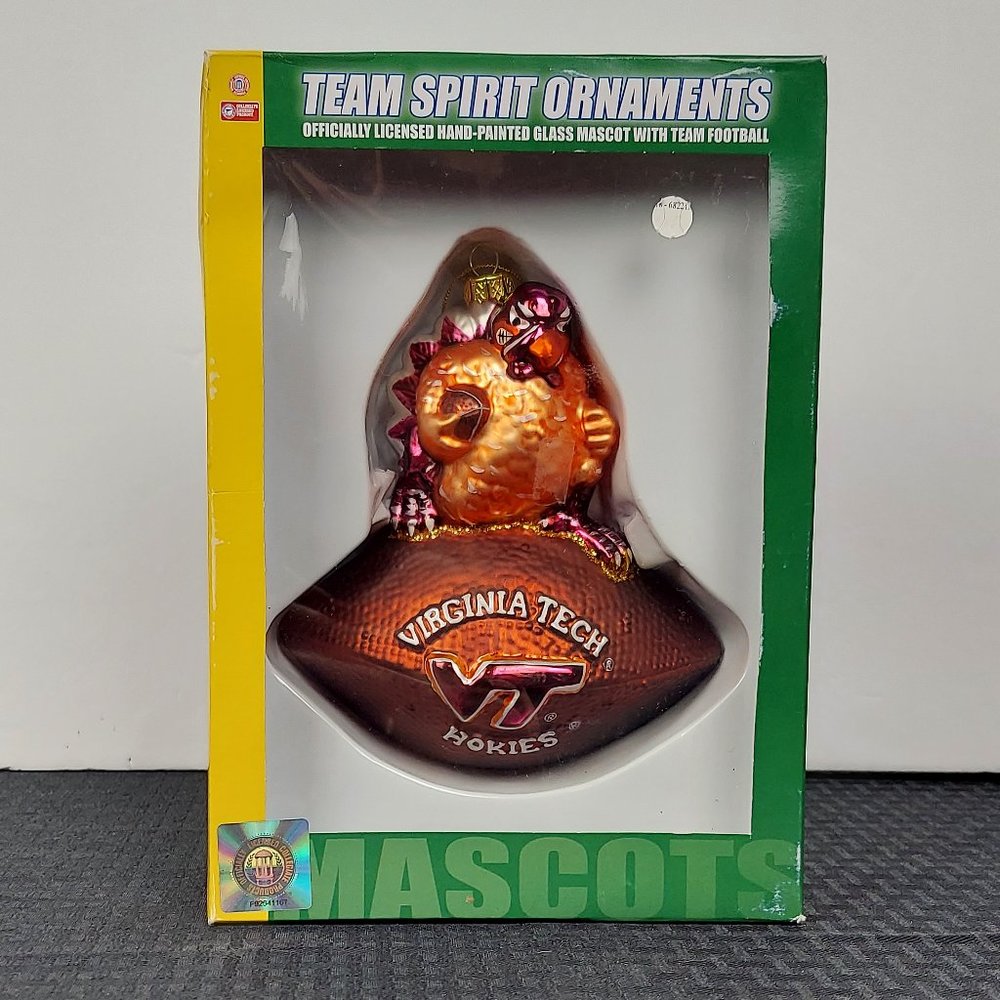 NIB VIRGINIA TECH HOKIES TEAM SPIRIT FOOTBALL HAND PAINTED GLASS ORNAMENT